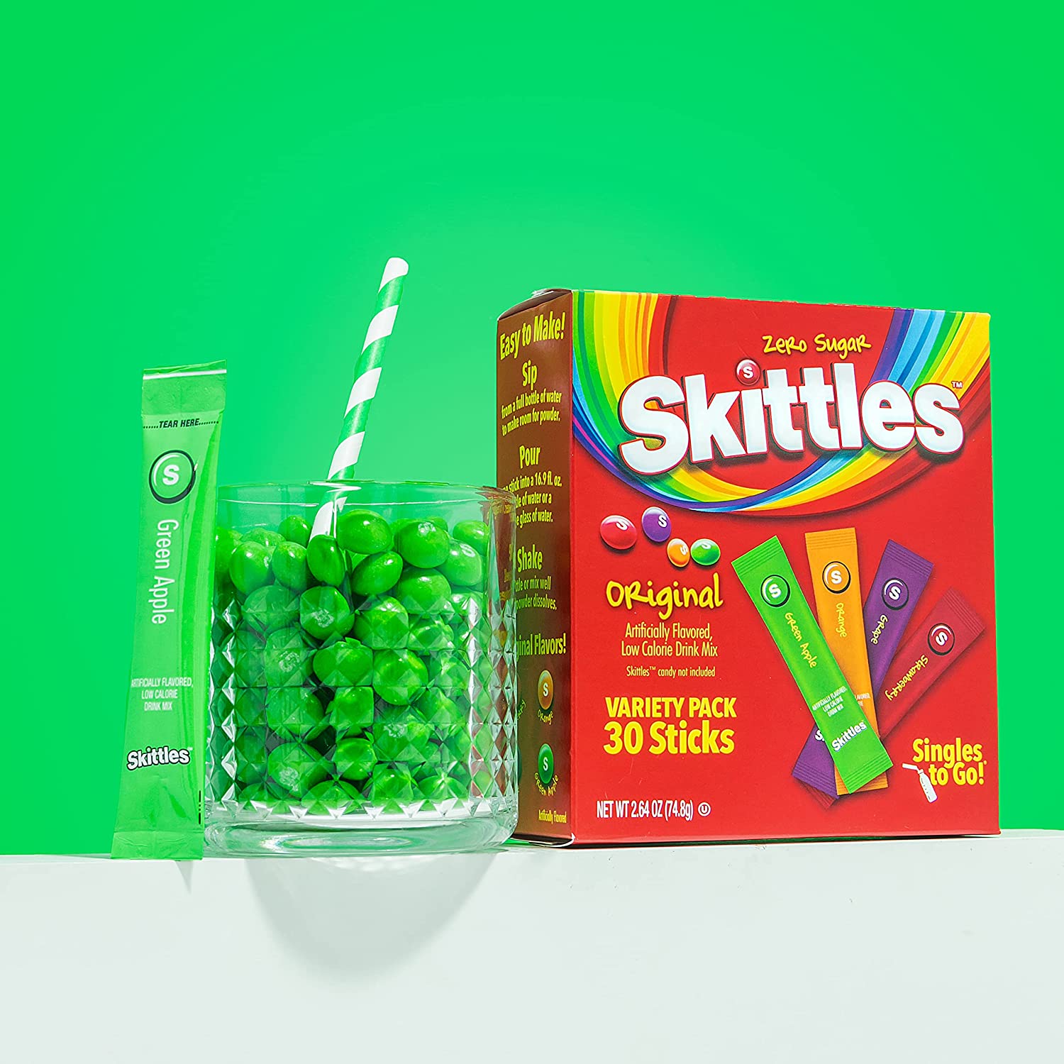 Skittles Singles To Go Variety Pack, Powdered Drink Mix, Zero Sugar, Low Calorie, Includes 4 Flavors: Green Apple, Strawberry, Grape, Orange, 1 Box (30 Single Servings) - Image 7